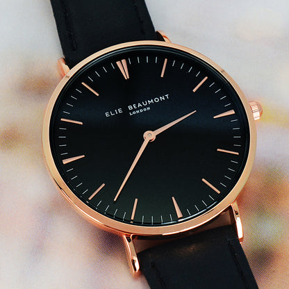 Modern - Vintage Personalised Leather Watch in Black