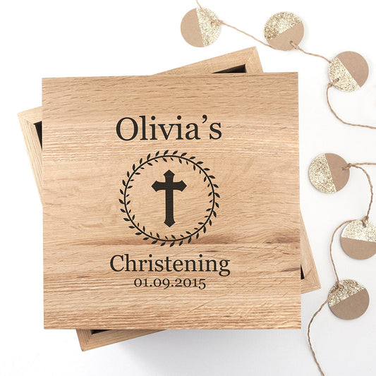 Christening Cross Oak Photo Keepsake Box with Leaf Frame