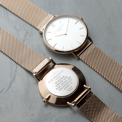 Personalised Rose Gold Mesh Strapped Watch With White Dial