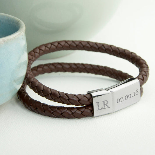 Personalised Men's Dual Leather Woven Bracelet In Umber