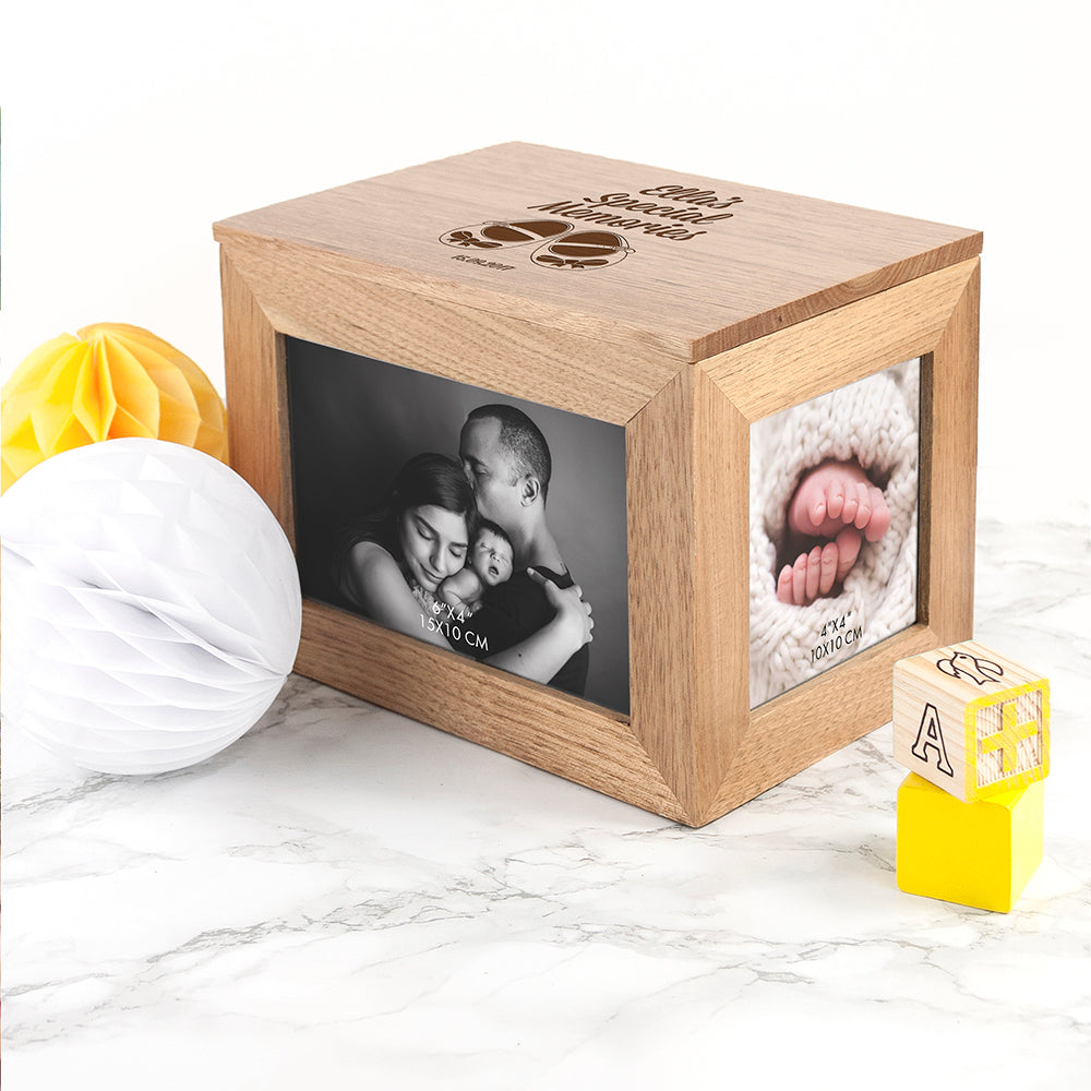 Personalised Baby Shoes Midi Oak Photo Cube Keepsake Box