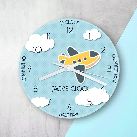 Personalised Kids Aeroplane Glass Clock - Large