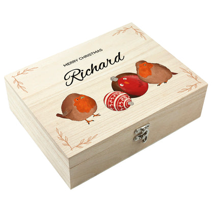 Personalised Robin Baubles Christmas Tea Box