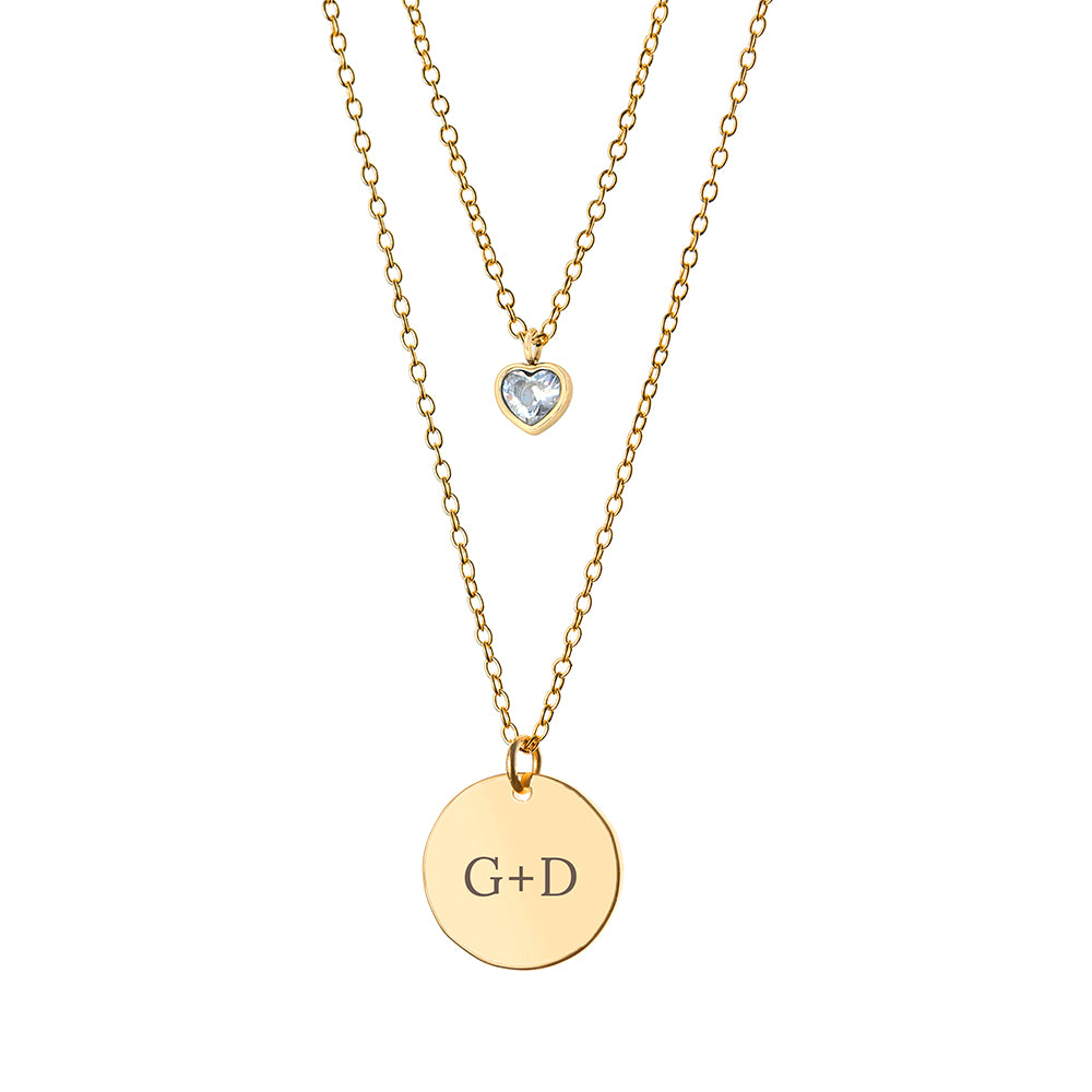 Personalised Layered Crystal Heart and Disc Necklace