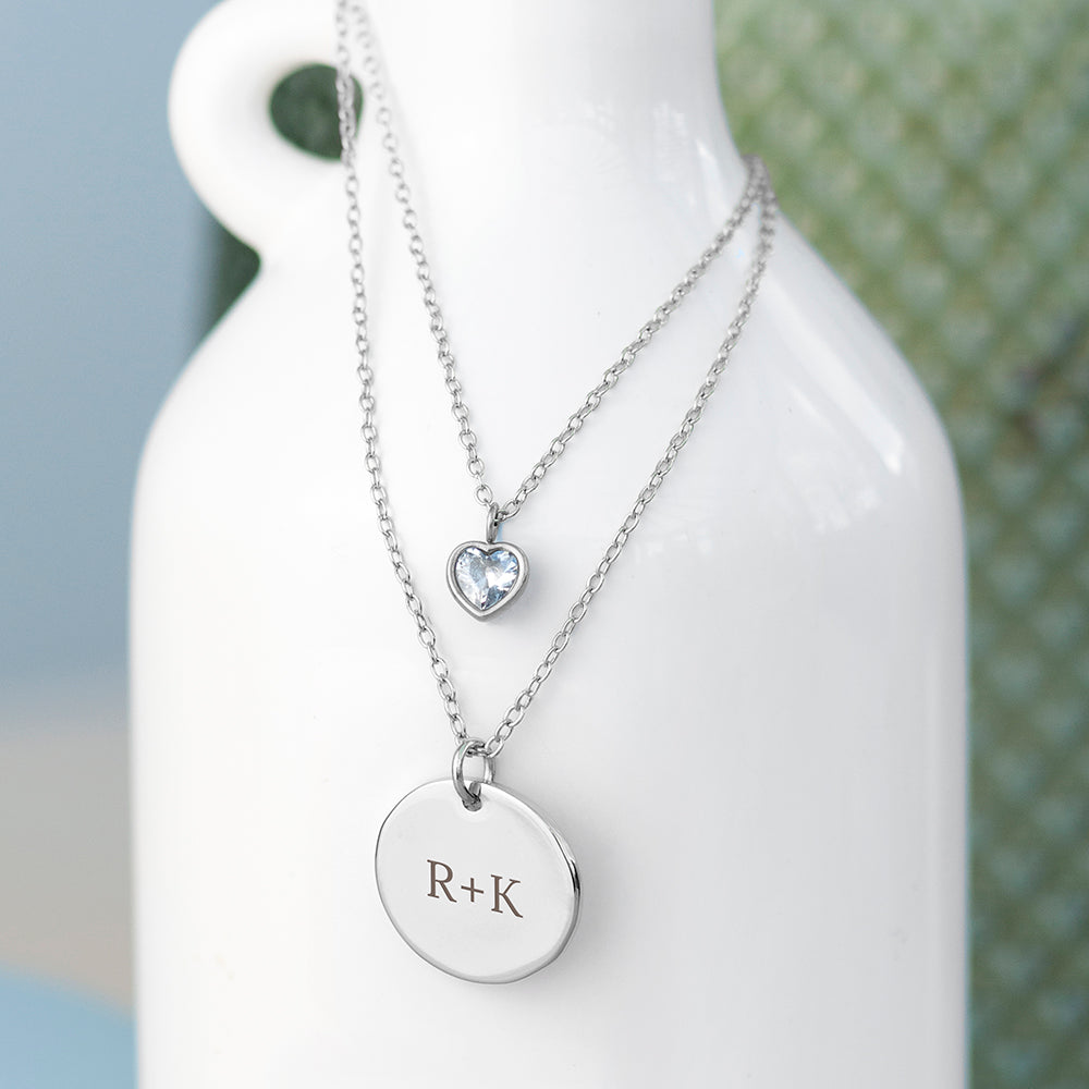 Personalised Layered Crystal Heart and Disc Necklace