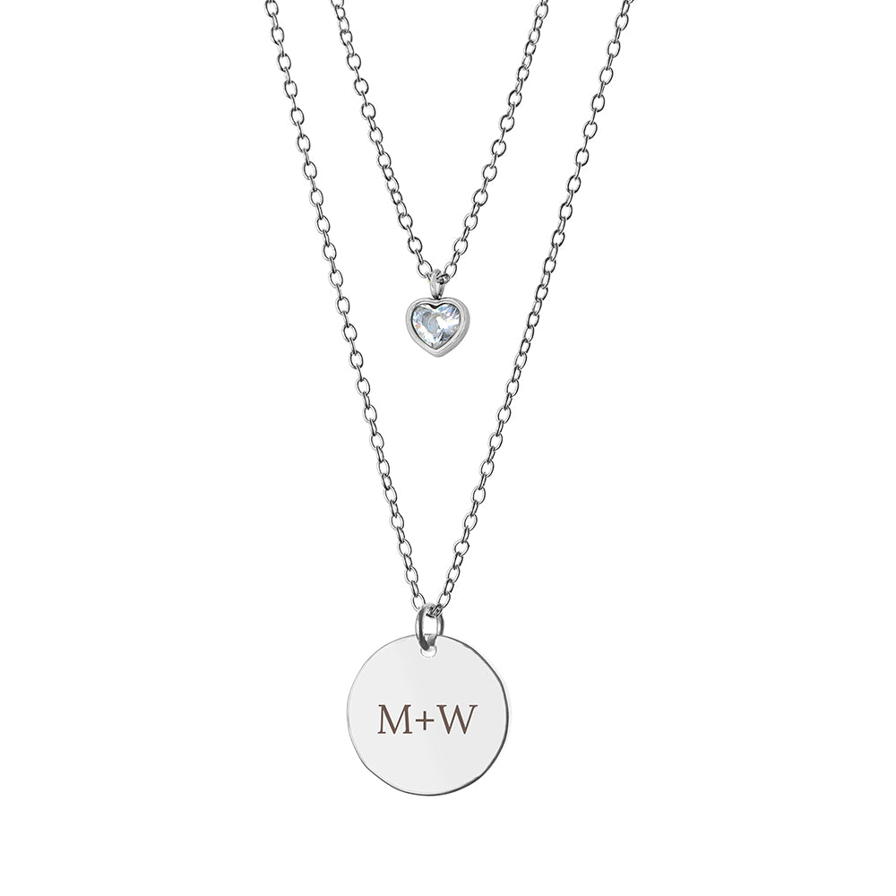 Personalised Layered Crystal Heart and Disc Necklace