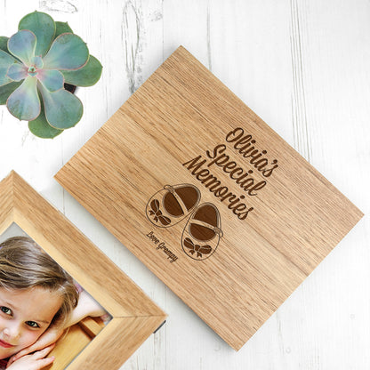 Personalised Baby Shoes Midi Oak Photo Cube Keepsake Box