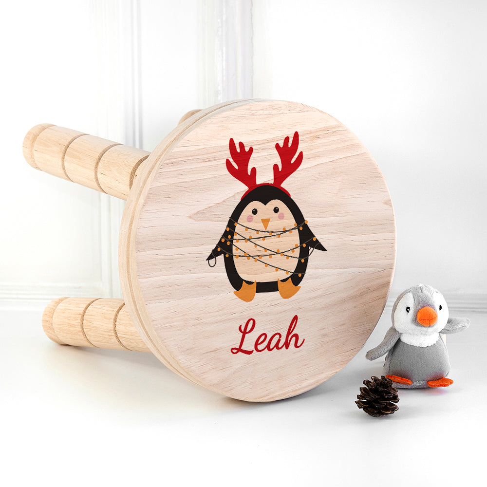 Personalised Christmas Penguin Wooden Stool