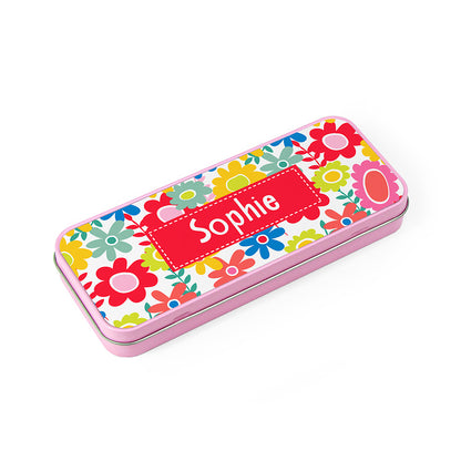 Personalised Girl's Patterned Pink Pencil Case Tin