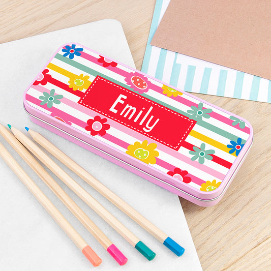 Personalised Girl's Patterned Pink Pencil Case Tin