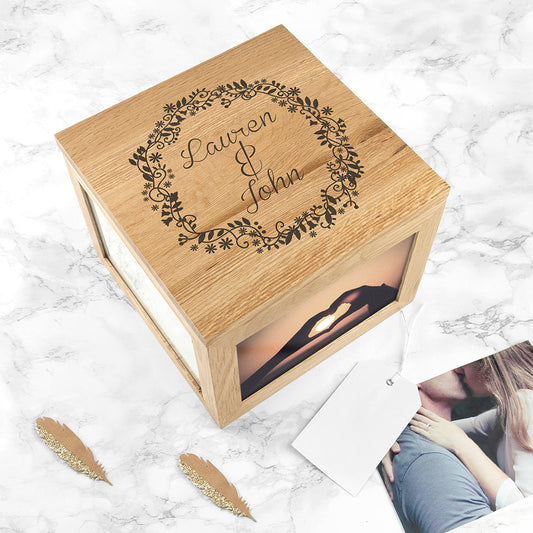 Couples' Oak Photo Keepsake Box with Floral Frame