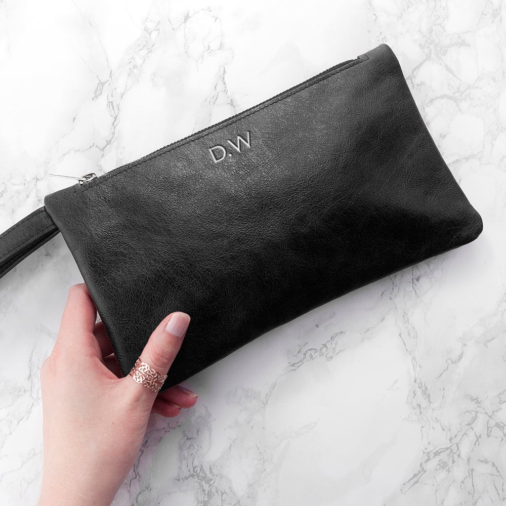 Personalised Black Leather Clutch Bag