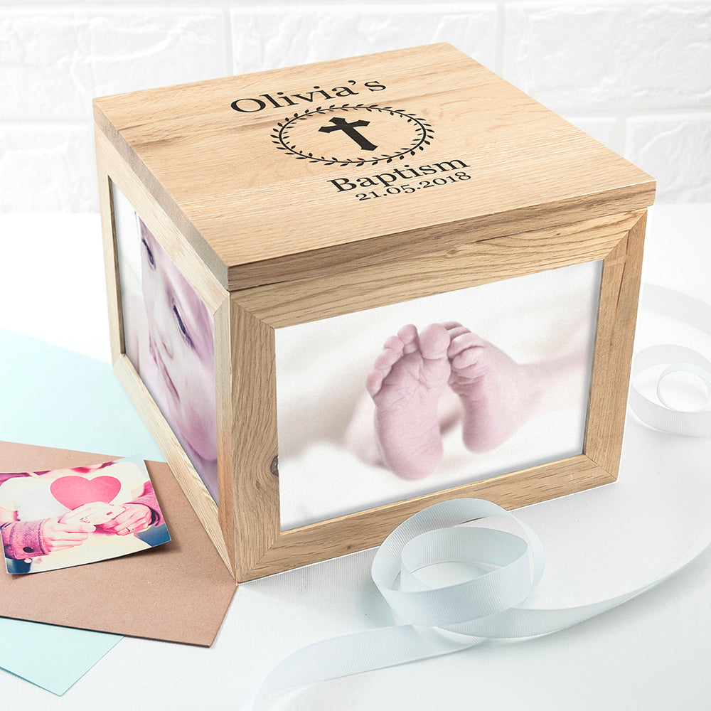 Christening Cross Oak Photo Keepsake Box with Leaf Frame