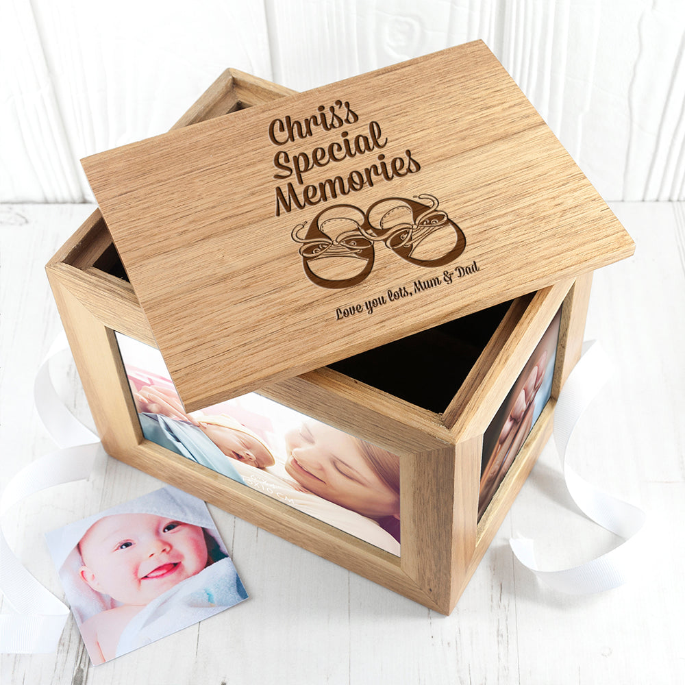 Personalised Baby Shoes Midi Oak Photo Cube Keepsake Box