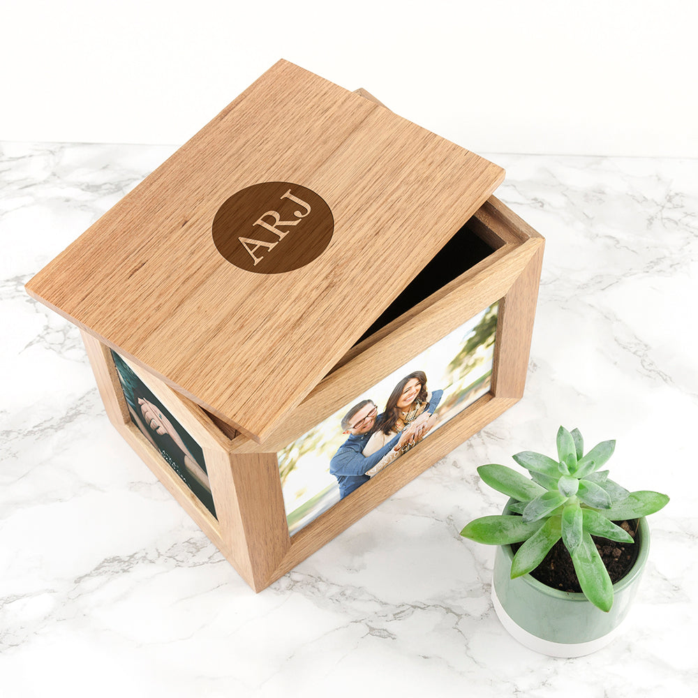 Personalised Midi Oak Photo Cube Keepsake Box With Initials